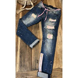 FOCUS Ripped Paint Splatter Distressed Jeans Denim Pink Zipper 30W x 32L Women's